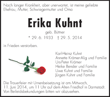 Traueranzeige von Erika Kuhnt von Darmstädter Echo, Odenwälder Echo, Rüsselsheimer Echo, Groß-Gerauer-Echo, Ried Echo