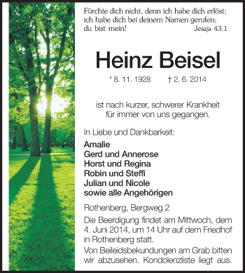 Traueranzeige von Heinz Beisel von Odenwälder Echo