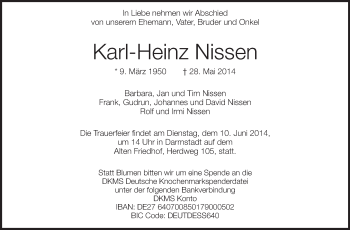 Traueranzeige von Karl-Heinz Nissen von Echo-Zeitungen (Gesamtausgabe)