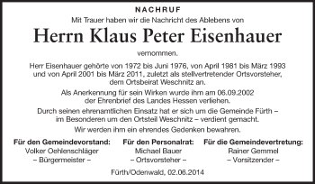 Traueranzeige von Klaus Peter Eisenhauer von Echo-Zeitungen (Gesamtausgabe)
