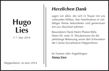Traueranzeige von Hugo Lies von Starkenburger Echo, Bergsträßer Anzeiger