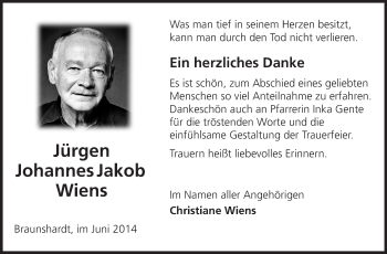 Traueranzeige von Johannes Jakob Wiens von Echo-Zeitungen (Gesamtausgabe)
