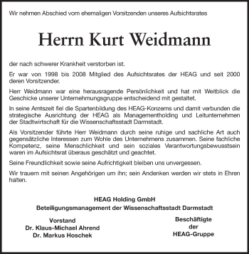 Traueranzeige von Kurt Weidmann von Darmstädter Echo, Odenwälder Echo, Rüsselsheimer Echo, Groß-Gerauer-Echo, Ried Echo