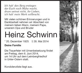Traueranzeige von Heinz Schwinn von Odenwälder Echo