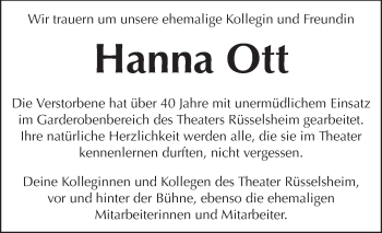 Traueranzeige von Hanna Ott von Rüsselsheimer Echo, Groß-Gerauer-Echo, Ried Echo