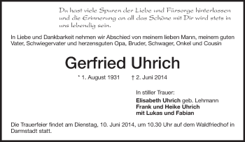 Traueranzeige von Gerfried Uhrich von Echo-Zeitungen (Gesamtausgabe)