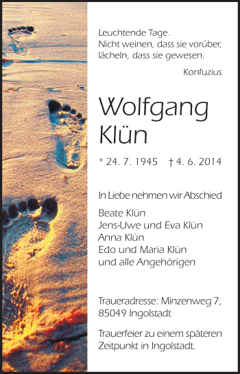 Traueranzeige von Wolfgang Klün von Echo-Zeitungen (Gesamtausgabe)