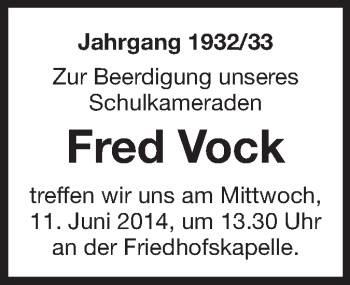 Traueranzeige von Fred Vock von Starkenburger Echo