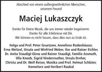 Traueranzeige von Maciej Lukaszczyk von Darmstädter Echo, Odenwälder Echo, Rüsselsheimer Echo, Groß-Gerauer-Echo, Ried Echo