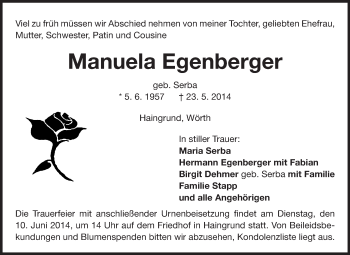 Traueranzeige von Manuela Egenberger von Odenwälder Echo