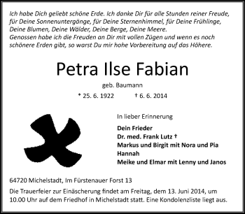 Traueranzeige von Petra Ilse Fabian von Odenwälder Echo
