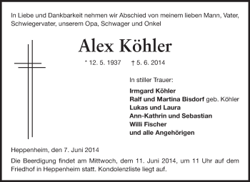 Traueranzeige von Alex Köhler von Starkenburger Echo