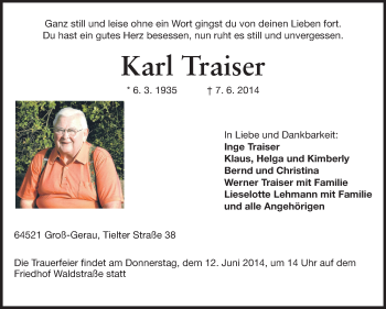 Traueranzeige von Karl Traiser von Rüsselsheimer Echo, Groß-Gerauer-Echo, Ried Echo