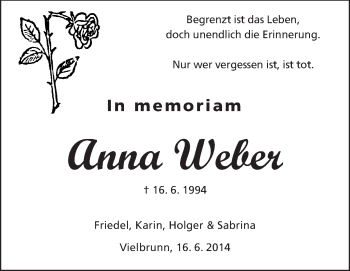 Traueranzeige von Anna Weber  von Odenwälder Echo