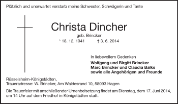 Traueranzeige von Christa Dincher von Rüsselsheimer Echo, Groß-Gerauer-Echo, Ried Echo