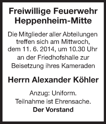 Traueranzeige von Alexander Köhler von Starkenburger Echo