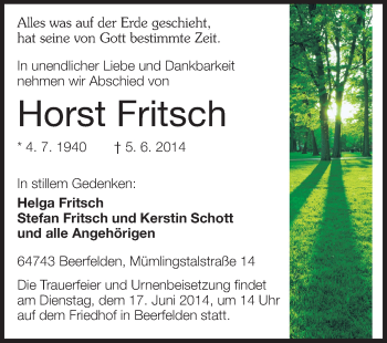 Traueranzeige von Horst Fritsch von Odenwälder Echo