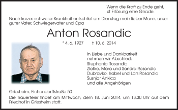 Traueranzeige von Anton Rosandic von Rüsselsheimer Echo, Groß-Gerauer-Echo, Ried Echo