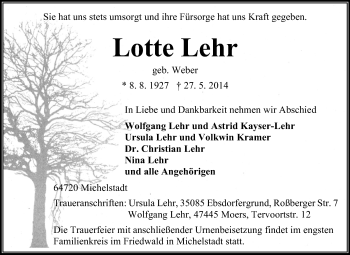Traueranzeige von Lotte Lehr von Odenwälder Echo