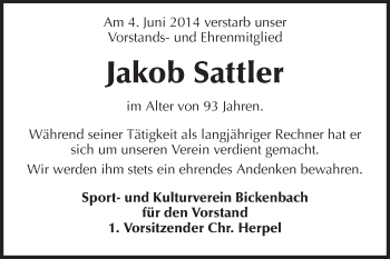 Traueranzeige von Jakob Sattler von Echo-Zeitungen (Gesamtausgabe)