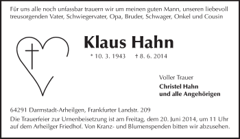 Traueranzeige von Klaus Hahn von Echo-Zeitungen (Gesamtausgabe)