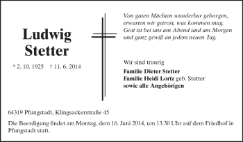Traueranzeige von Ludwig Stetter von Echo-Zeitungen (Gesamtausgabe)