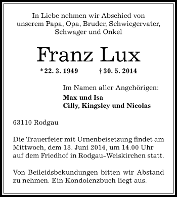 Traueranzeige von Franz Lux von Echo-Zeitungen (Gesamtausgabe)