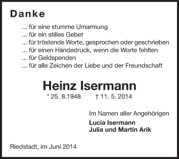 Traueranzeige von Heinz lsermann von Rüsselsheimer Echo, Groß-Gerauer-Echo, Ried Echo