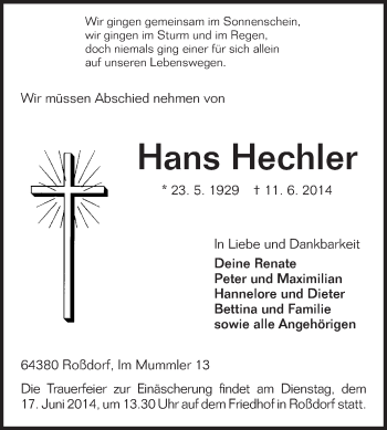 Traueranzeige von Hans Hechler von Echo-Zeitungen (Gesamtausgabe)