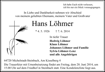 Traueranzeige von Hans Löhmer von Odenwälder Echo