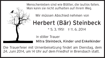 Traueranzeige von Herbert Steinbeck von Echo-Zeitungen (Gesamtausgabe)