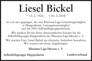 Traueranzeige von Liesel Bickel von Starkenburger Echo