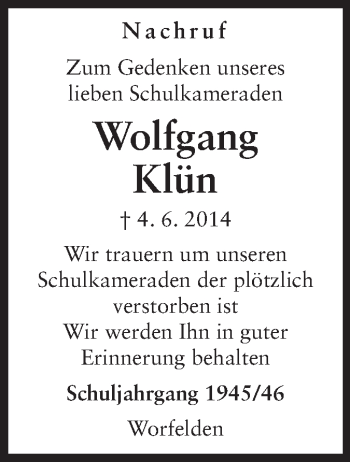 Traueranzeige von Wolfgang Klün von Rüsselsheimer Echo, Groß-Gerauer-Echo, Ried Echo