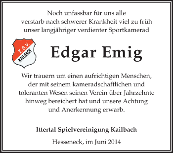 Traueranzeige von Edgar Emig von Odenwälder Echo