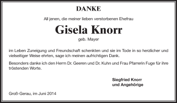 Traueranzeige von Gisela Knorr von Rüsselsheimer Echo, Groß-Gerauer-Echo, Ried Echo