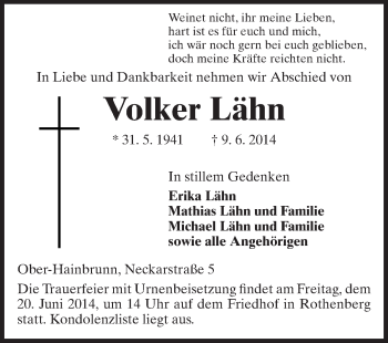 Traueranzeige von Volker Lähn von Odenwälder Echo