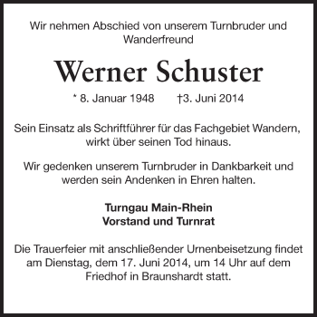 Traueranzeige von Werner Schuster von Echo-Zeitungen (Gesamtausgabe)