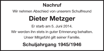 Traueranzeige von Dieter Metzger von Rüsselsheimer Echo, Groß-Gerauer-Echo, Ried Echo