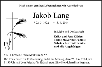 Traueranzeige von Jakob Lang von Odenwälder Echo