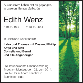 Traueranzeige von Edith Wenz von Odenwälder Echo