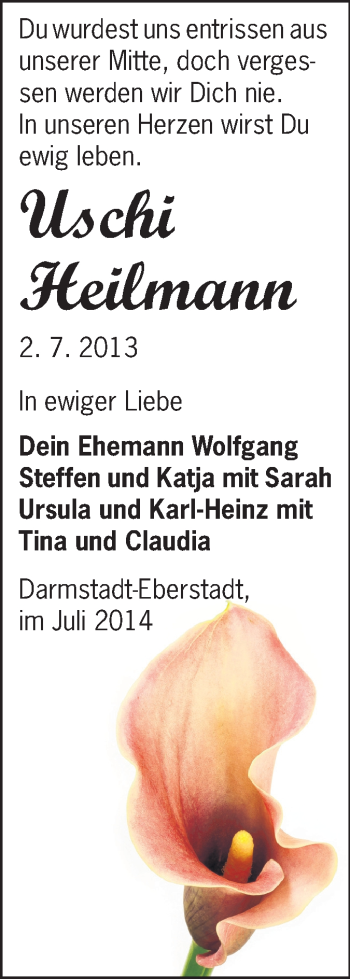 Traueranzeige von Uschi Heilmann von Echo-Zeitungen (Gesamtausgabe)