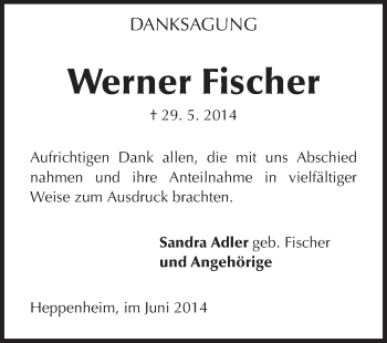 Traueranzeige von Werner Fischer von Starkenburger Echo