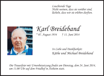 Traueranzeige von Karl Breideband von Rüsselsheimer Echo, Groß-Gerauer-Echo, Ried Echo