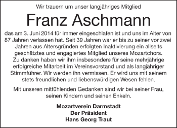 Traueranzeige von Franz Aschmann von Echo-Zeitungen (Gesamtausgabe)