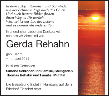Traueranzeige von Gerda Rehahn von Echo-Zeitungen (Gesamtausgabe)