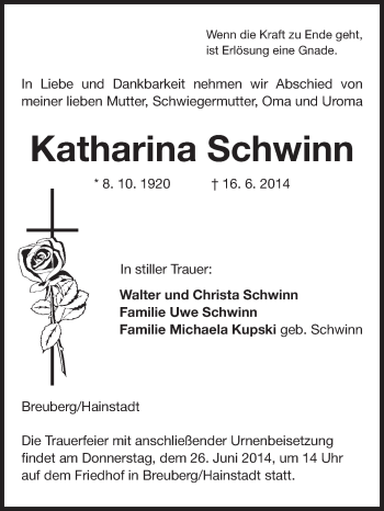 Traueranzeige von Katharina Schwinn von Odenwälder Echo