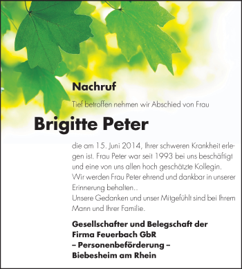 Traueranzeige von Brigitte Peter von Echo-Zeitungen (Gesamtausgabe)