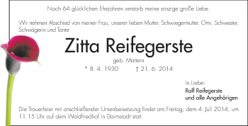 Traueranzeige von Zitta Reifegerste von Echo-Zeitungen (Gesamtausgabe)