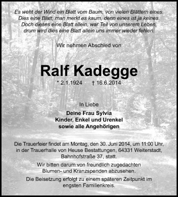 Traueranzeige von Ralf Kadegge von Echo-Zeitungen (Gesamtausgabe)