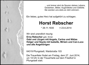 Traueranzeige von Horst Rebscher von Echo-Zeitungen (Gesamtausgabe)